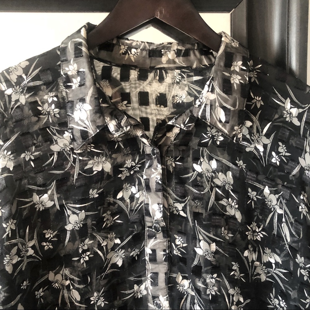 Vintage Sheer Floral Printed Button Down Blouse